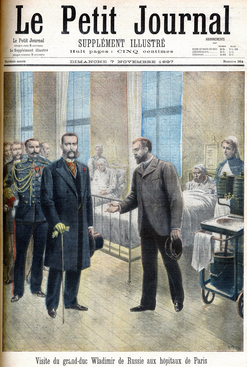 Venäjän suurruhtinas Vladimir Aleksandrovitš (Vladimir Aleksandrovich, Venäjän) vierailemassa Pariisin sairaaloissa - kuvitus Le Petit Journalille, 7. marraskuuta 1897 (kaiverrus) tekijältä French School