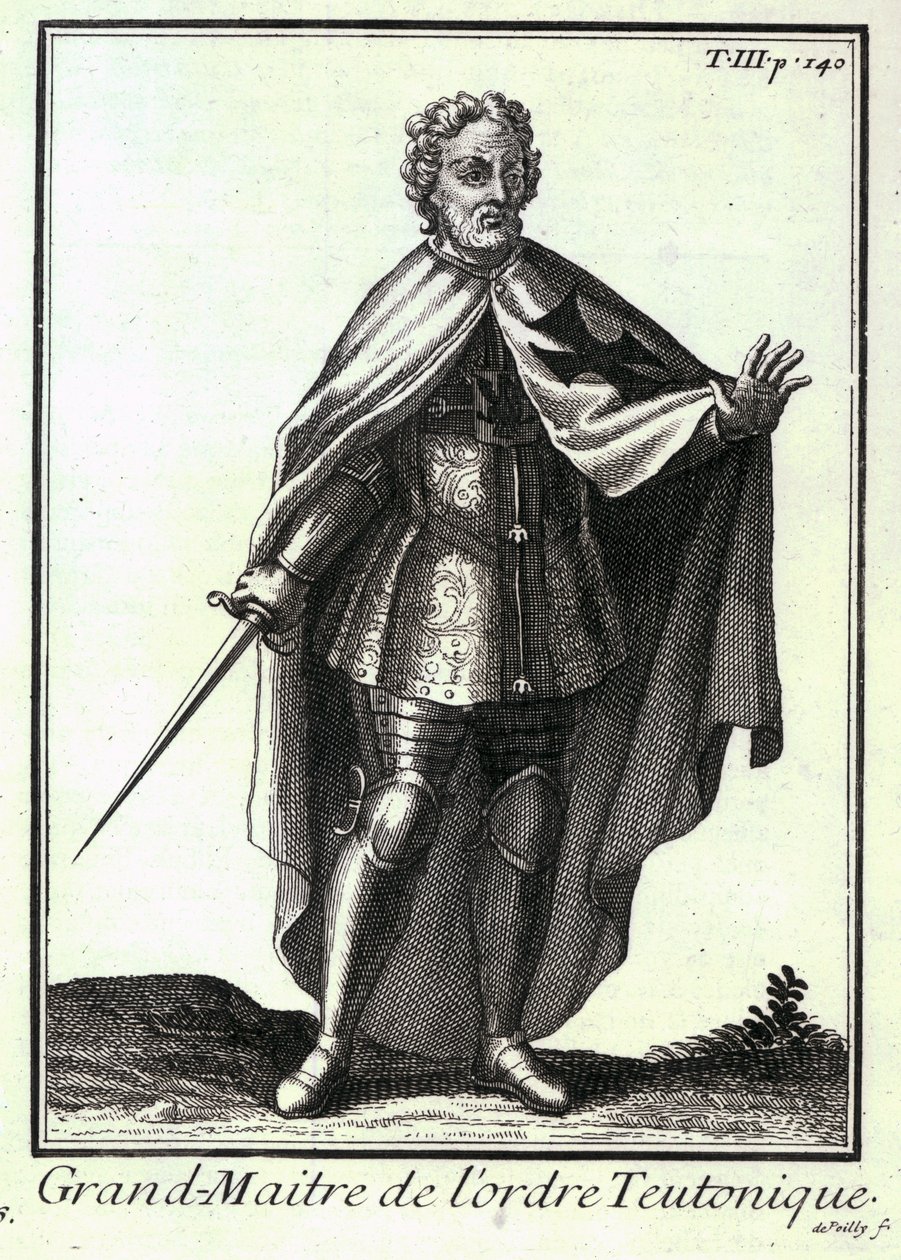 Saksalaisen ritarikunnan suurmestari, kuvitus teoksesta "Histoire des Ordres Religieux, Monastiques et Militaires", kirjoittanut P. Helyot, pub. Pariisi, 1714-21 tekijältä French School
