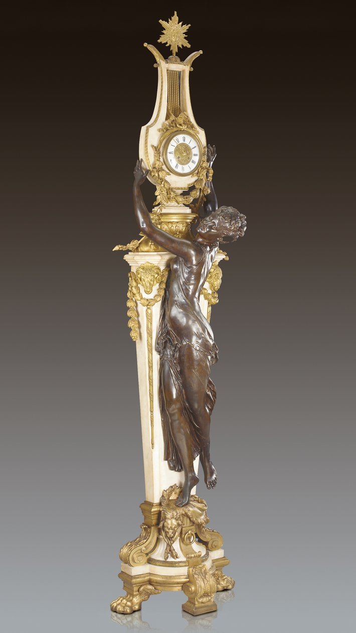 Grande Horloge, tärkeä ja monumentaalinen jalustakello, jonka on suunnitellut Frederic Piat ja toteuttanut Maison Millet, Pariisi, n. 1890 (ormolu-patinoitu pronssi ja carraran marmori) (katso myös 362833) tekijältä French School