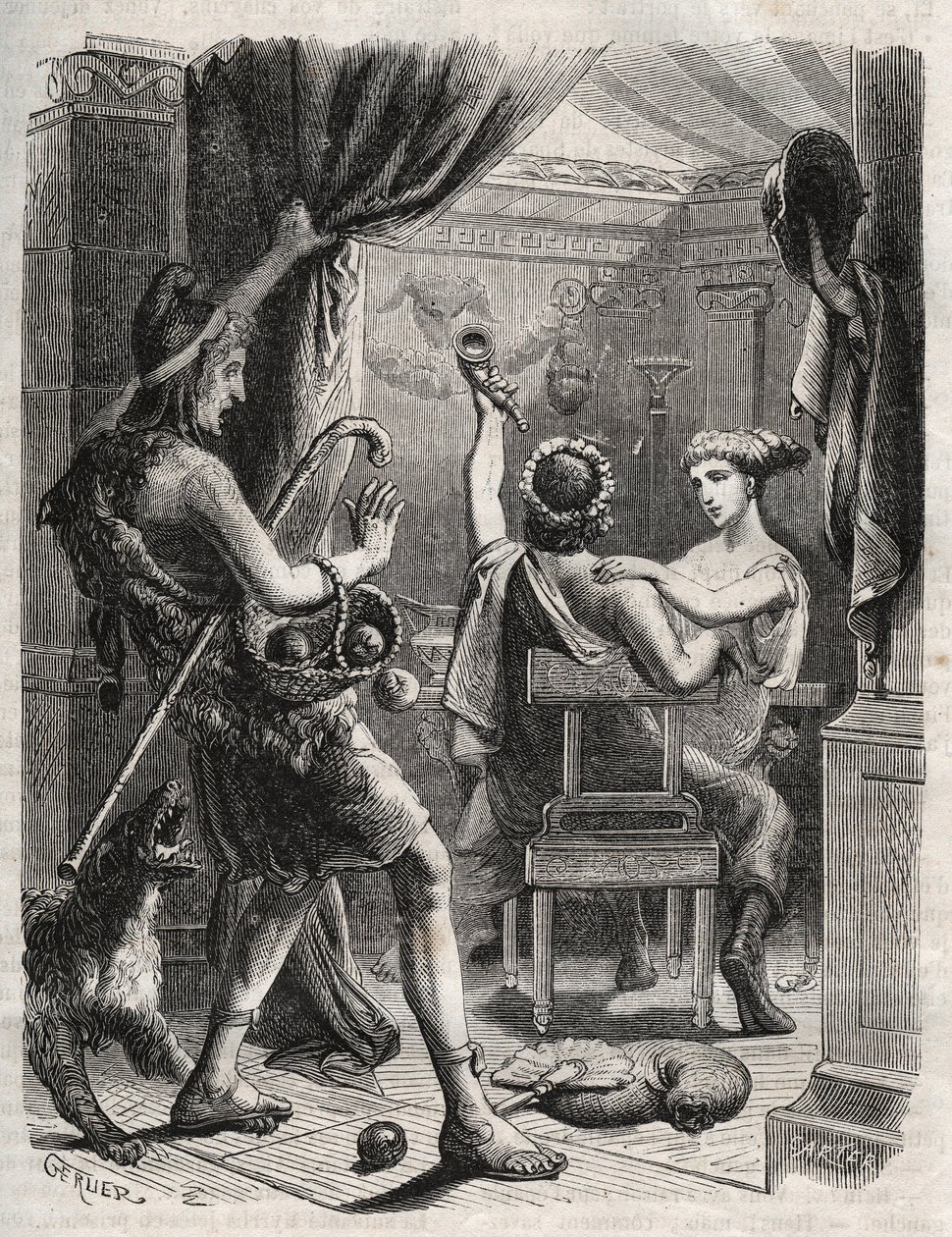 Kreikkalainen mytologia: "" Tämän huudon teki Pariisi"". Paris yllättää Helenen Peritanuksella. Kaiverrus vuodelta 1871 Henry de Kockin (1819-1892) teokseen "Histoire Des Cocuses Celebres". tekijältä French School