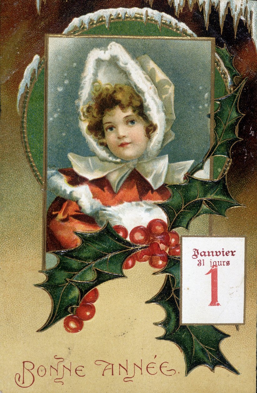 Onnittelukortti: "" Hyvää uutta vuotta"" (tyttö hollylla) - postikortti, n.d., 1900-luvun alku tekijältä French School