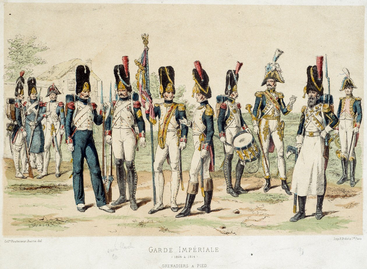 Grenadiers Napoleon I:n keisarillisen kaartin jalka (vuosina 1804–1814). 1800-luvun kaiverrus. Pariisi, koristetaide tekijältä French School