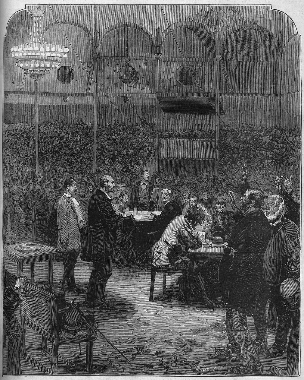 Greve des cochers de charres de Paris vuonna 1878: edustajien valinta Petites Cars (Petite-Cars) -yritykseen Fernando-sirkuksessa. Kaiverrus "" Le Monde Illustré" -julkaisussa nro 1116, 17. elokuuta 1878. tekijältä French School
