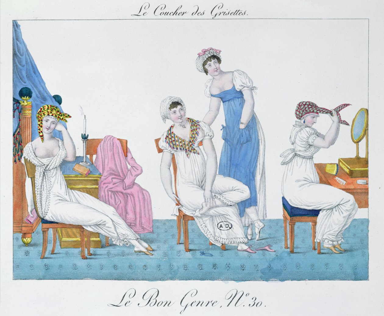 Grisettes Preparing for Bed, levy 30 Le Bon Genrestä, 1800-luvun alku (väri litho) tekijältä French School
