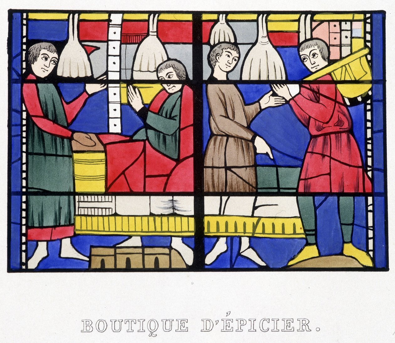 Ruokakauppa. Faksimile keskiajan lasimaalauksesta Ferdinand de Lasteyrien "Histoire de la peinture sur verre" tekijältä French School