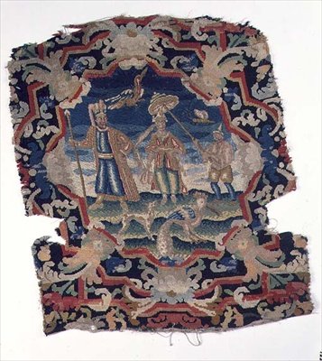 Gros point ja petit point istuinpäällinen kolmesta itäeurooppalaisesta hahmosta ja linnusta, 1700-luvun puoliväli (yksityiskohta) tekijältä French School