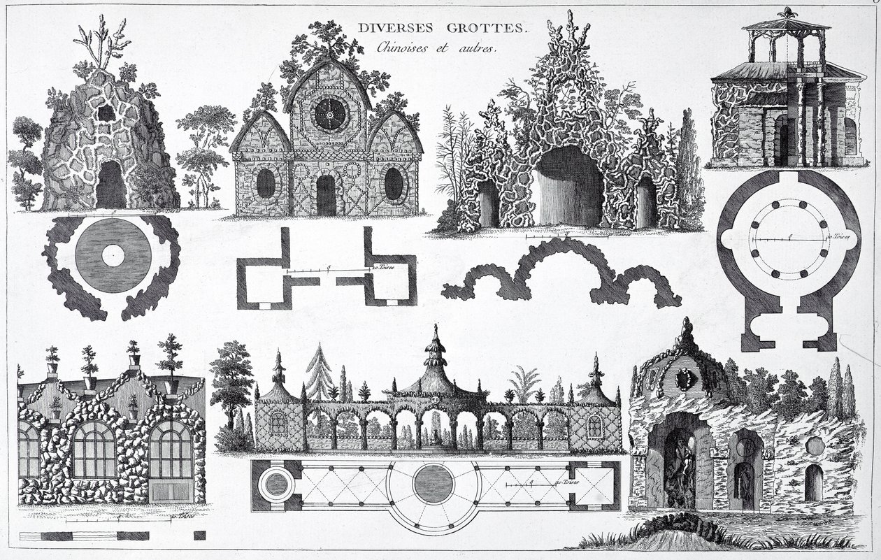 George Louis Le Rougen anglo-kiinalaispuutarhojen luolasuunnitelmat, julkaistu 1775-78 tekijältä French School
