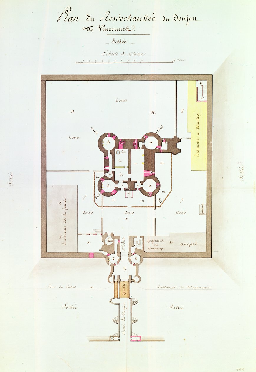 Vincennesin vankilan pohjakerrossuunnitelma, 1810 (kynä ja muste) tekijältä French School