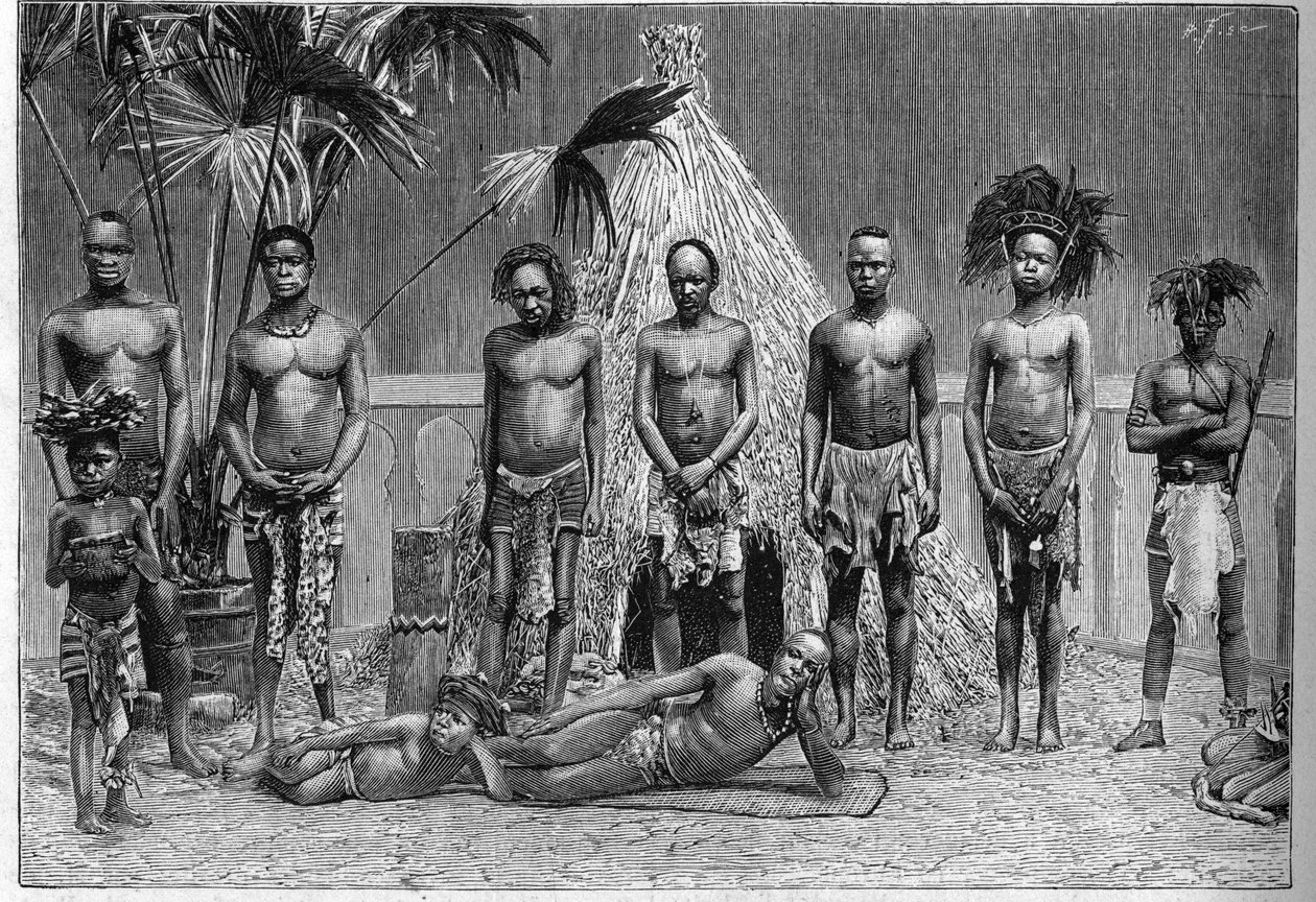 Angolalaisen ryhmän miehiä esitelty Pariisissa vuoden 1889 maailmannäyttelyn aikana (ihmiseläintarha). tekijältä French School
