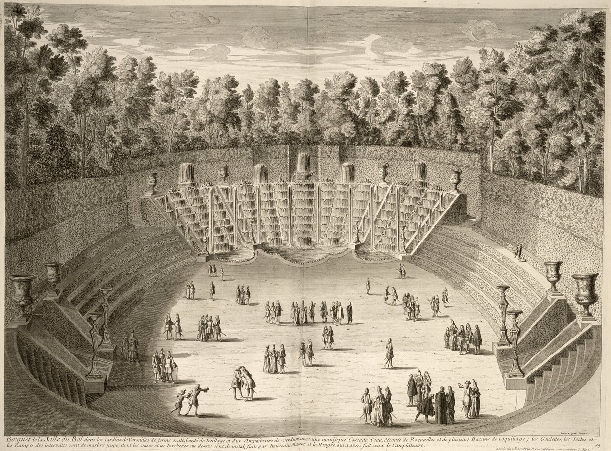 Salle du Balin lehto, Versailles, Versaillesin kaupunkien ja palatsien suunnitelmista, profiileista ja korkeuksista, kaivertanut Lucas, julkaistu n. 1715 tekijältä French School