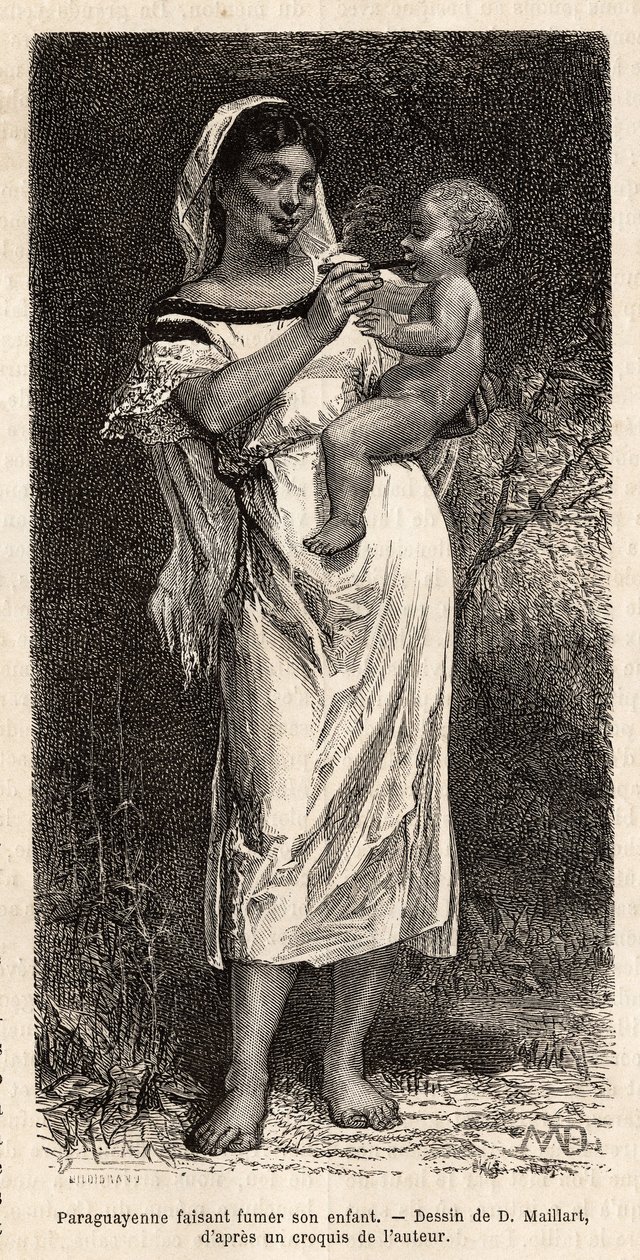 Guaranie-nainen polttaa sikaria lapselleen, ratsastaa lantiolla yrittääkseen tyynnyttää itkunsa. Kaiverrus D.Maillartin piirustuksen mukaan, joka kuvaa Paraguayn matkaa vuosina 1872-1873, L. Forgues, julkaissut "" Le tour du monde”” 1874, toimittanut Edoua tekijältä French School