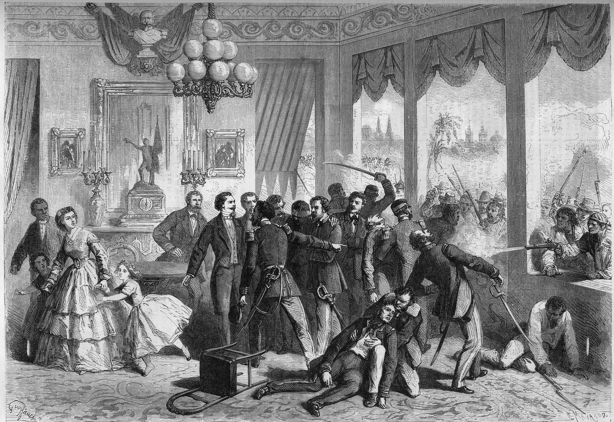 Etelä-Amerikan espanjalaissota - Lima (Peru) - 5. helmikuuta 1865: kaupungin väestön haavoittuneet ja takaa-aamat espanjalaiset pakenevat Ranskan lähetystöön. Kaiverrus ""Le Monde Illustre" -julkaisussa nro 421, 6. toukokuuta 1865. tekijältä French School