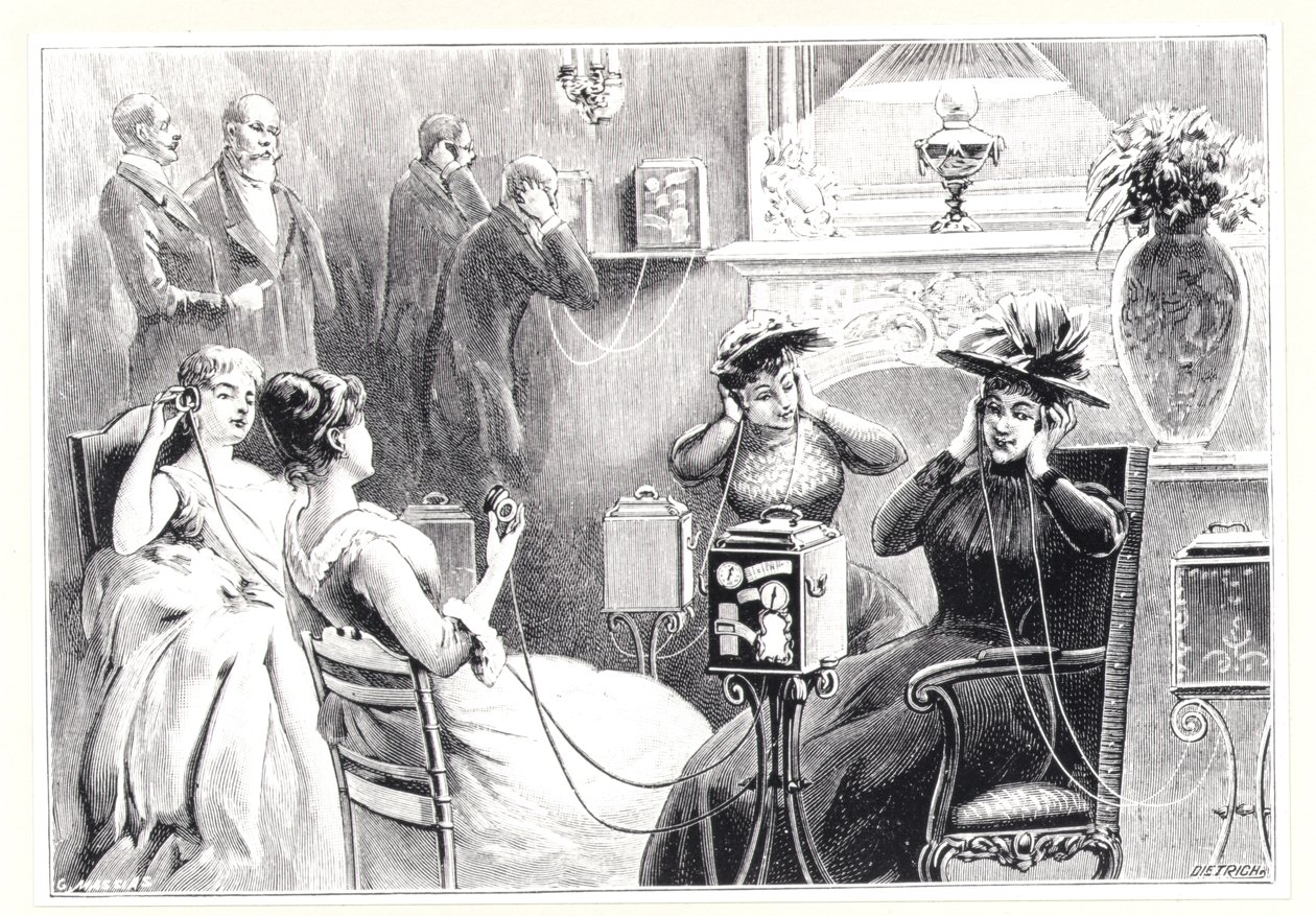 Vieraat pariisilaishotellissa kuuntelemassa suoria lähetyksiä ooppera- tai teatteriesityksiin Marinovichin ja Szarvas Theatrophonesta, La Naturesta, julkaistu 1892 tekijältä French School