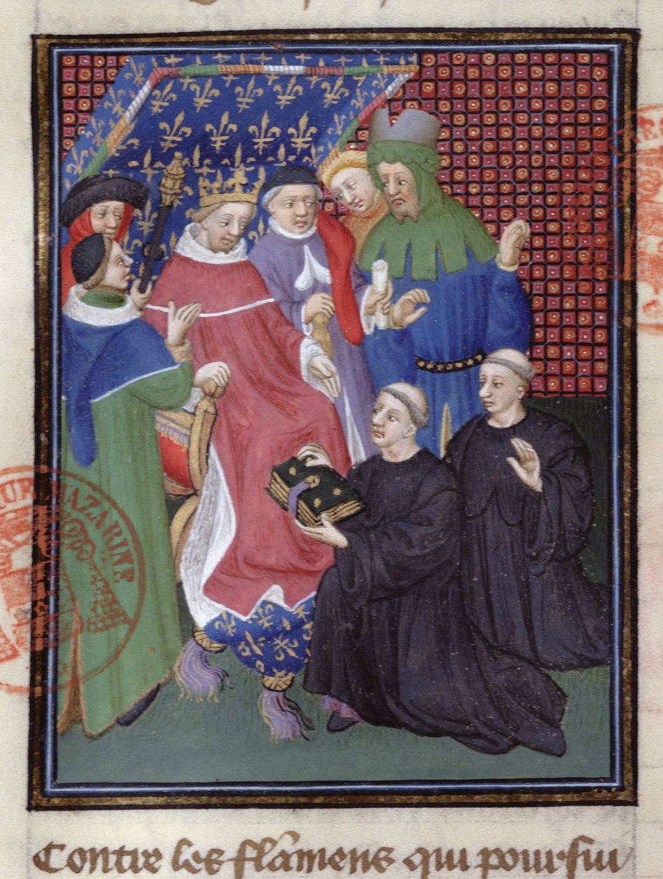 Guillaume de Nangis (k. 1300 tai 1303) esittelee kirjansa Philippe IV le Belille, Ranskan kuninkaalle 1285-1314 (vellum) (yksityiskohta 239257) tekijältä French School