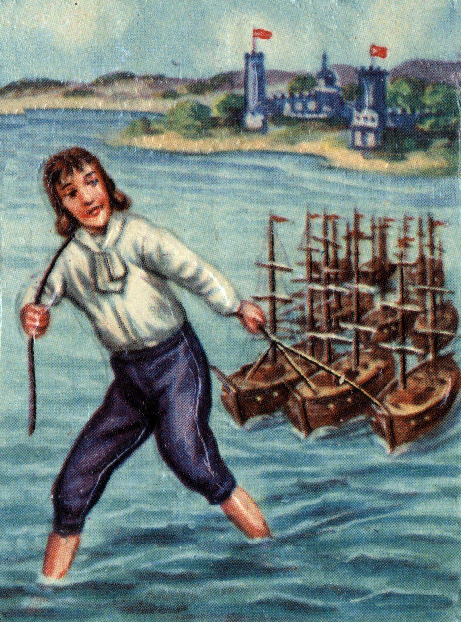 Gulliver ampuu vihollisen laivoja kohti Lilliputin satamaa. Kuvitus Jonathan Swiftin (1667 - 1745) tarinalle "" Gulliverin matka "". tekijältä French School