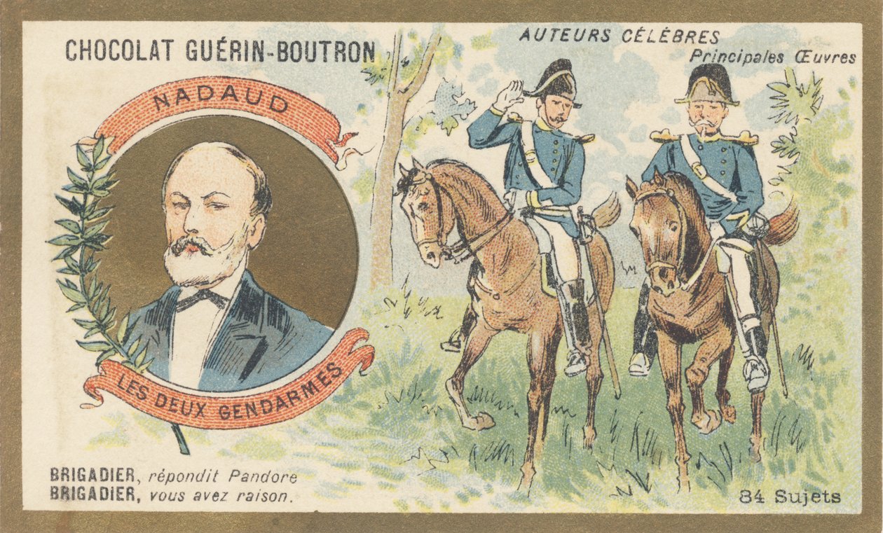 Gustave Nadaud (1820-1893), ranskalainen goguettier, runoilija ja lauluntekijä, hallituksen kieltämien satiiristen teosten "Les deux gendarmes" tai "Pandora" kirjoittaja tekijältä French School