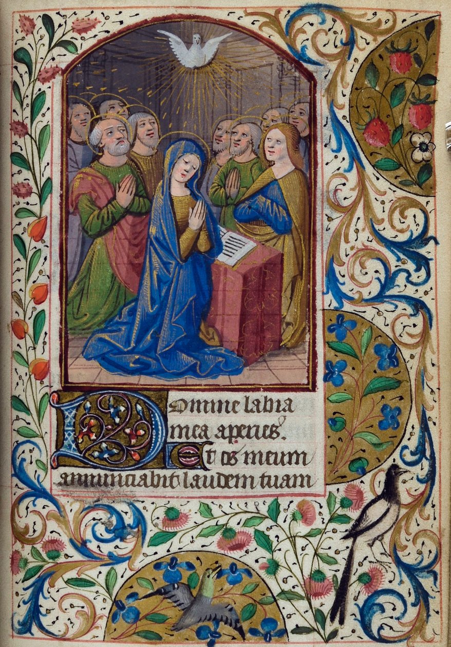 H/L-3-3 fol. 104r helluntai, kirjasta Tuntikirja, Pariisin käyttö, 1400-luvun puoliväli tekijältä French School