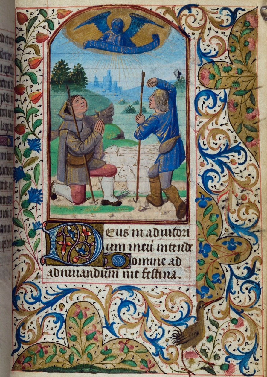 H/L-3-3 fol. 62r Ilmoitus paimenille, kirjasta Tuntikirja, Pariisin käyttö, 1400-luvun puoliväli tekijältä French School