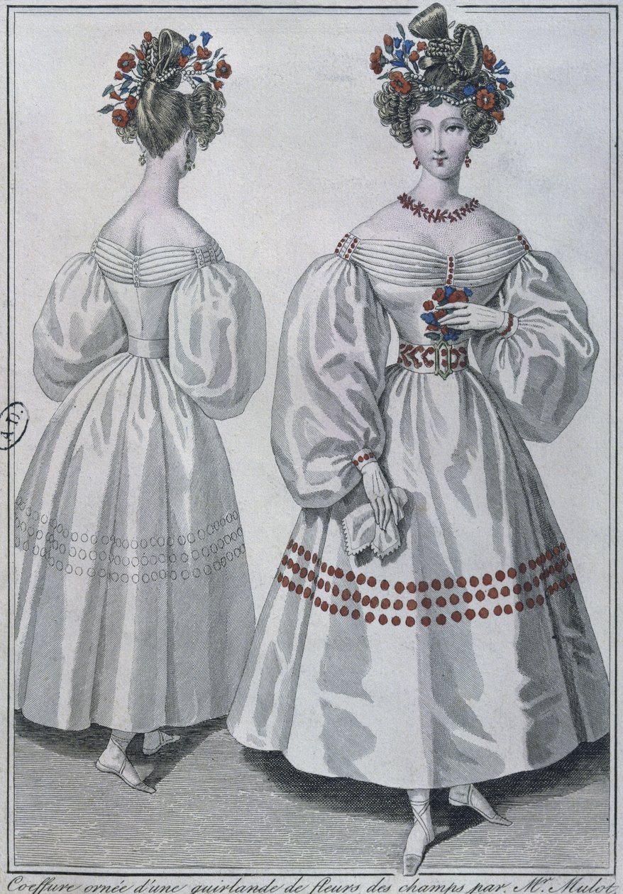 Hiustyyli luonnonvaraisten kukkien seppeleellä, Pariisi, 1829 (värikaiverrus) tekijältä French School