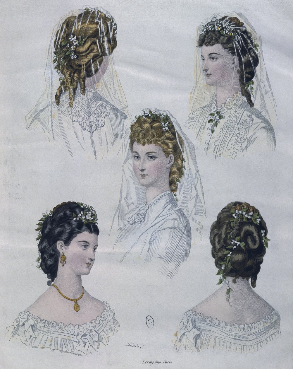 Hiustyylit, kuvitus La Mode illustreesta, 1872 (värikaiverrus) tekijältä French School