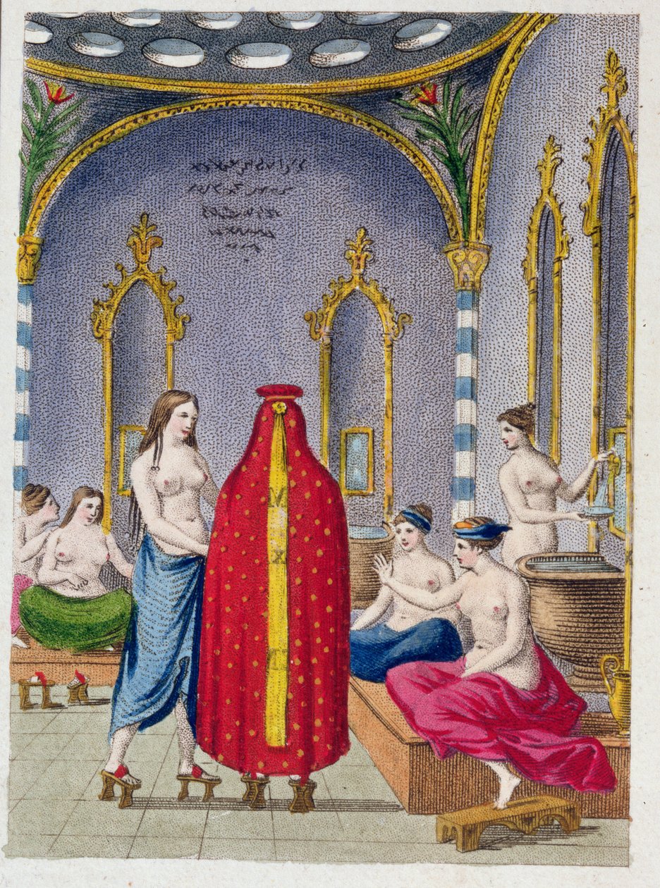 Hammam Turkissa, kuvitettu lautanen Moeursista, A. Castellanin usages et costumes des ottottomans, Pariisi, n. 1810 tekijältä French School