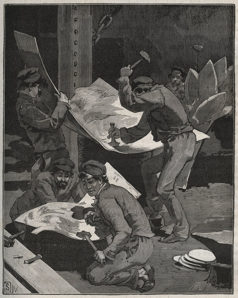 Frederic Auguste Bartholdin (1834-1905) valmistaman Liberten patsaan vasaroiminen ja kokoaminen. Kaiverrus vuodelta 1880 kirjassa "Les arts et metiers illustres", kirjoittanut Adolphe BITARD. tekijältä French School