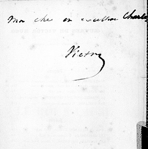Victor Hugon (1802-85) käsinkirjoitettu allekirjoitus Eugene Renduelin vuonna 1832 julkaiseman kirjan "Le Roi s