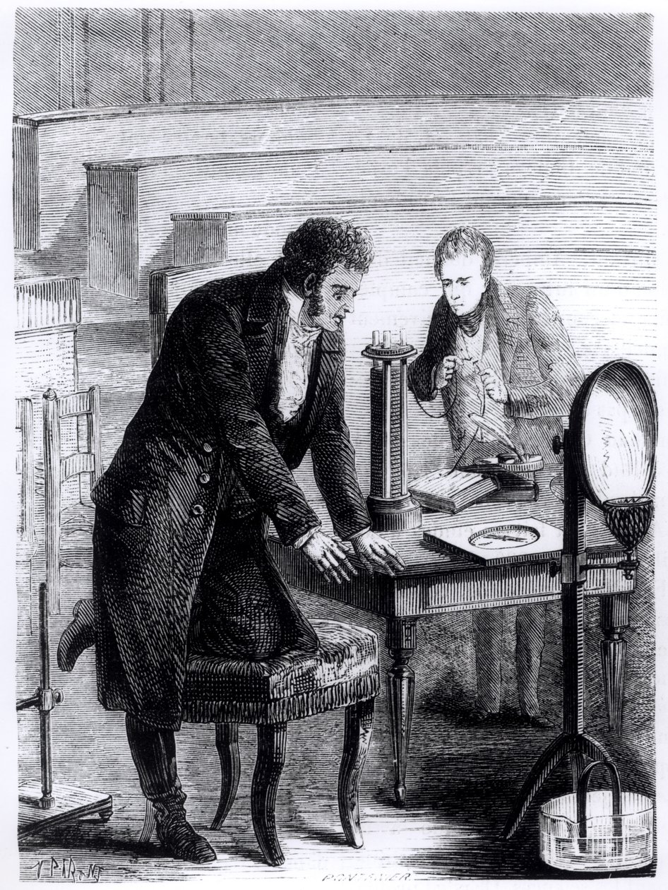 Hans Christian Oersted (1777-1851) havaitsi magneettisen neulan poikkeaman suljetun virran vaikutuksesta vuonna 1820 Louis Figuierin (1819-94) 1867 Les Merveilles de la Sciencesta. tekijältä French School