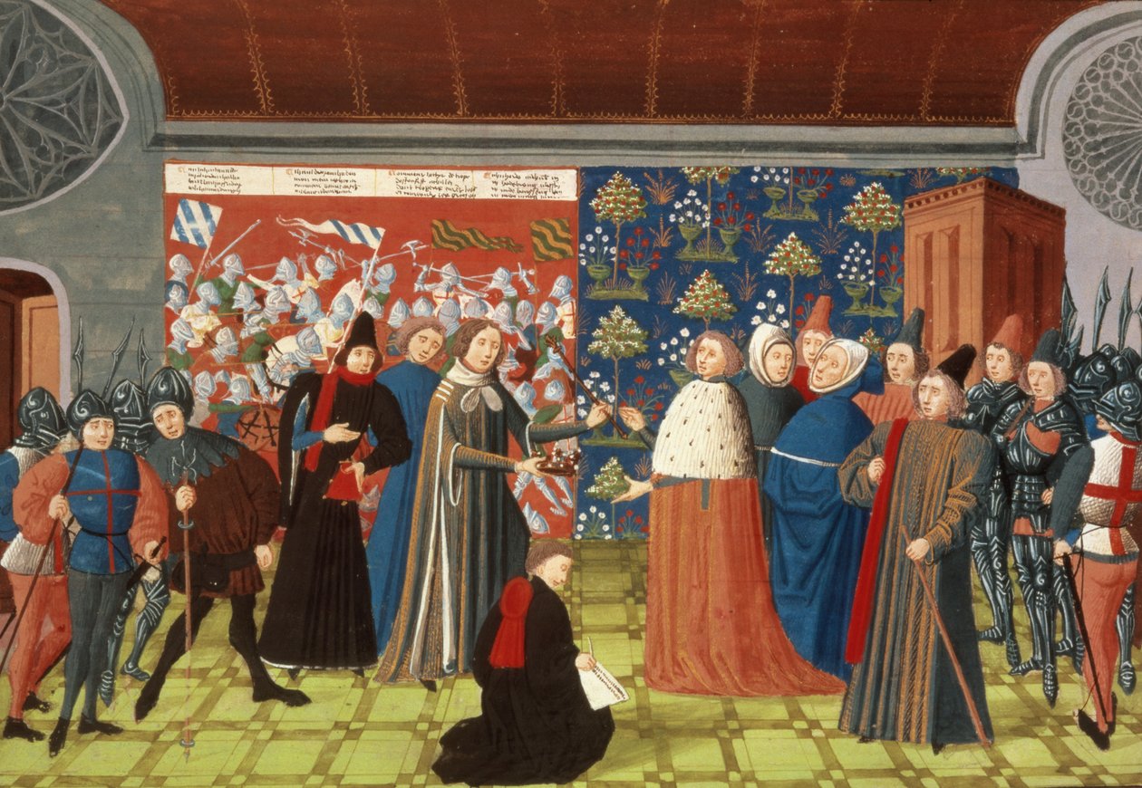 Harl.4380 f.184v Richard II luovuttaa kruunun Earl of Derbylle, Froissart
