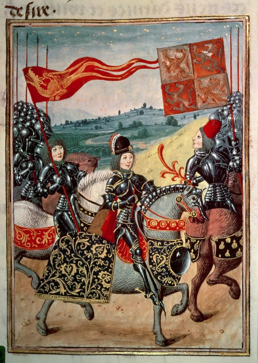 Harl 4379 f.113 Ritari ja kaksi palvelijaa armeijan kanssa, Volume IV, 