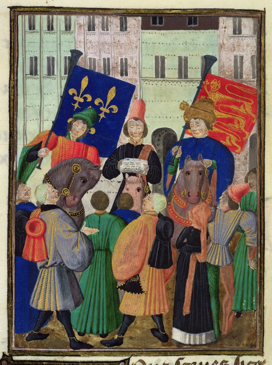 Harl 4379 f.182v Aselevon julistaminen Englannin ja Ranskan välillä tekijältä French School