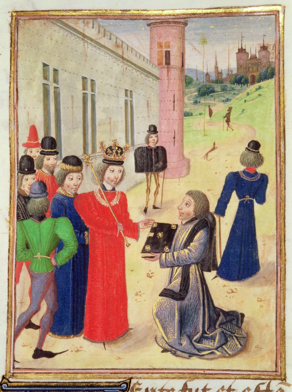 Harl 4380 f.233v Froissart esittelee kirjansa Richard II:lle, Froissart