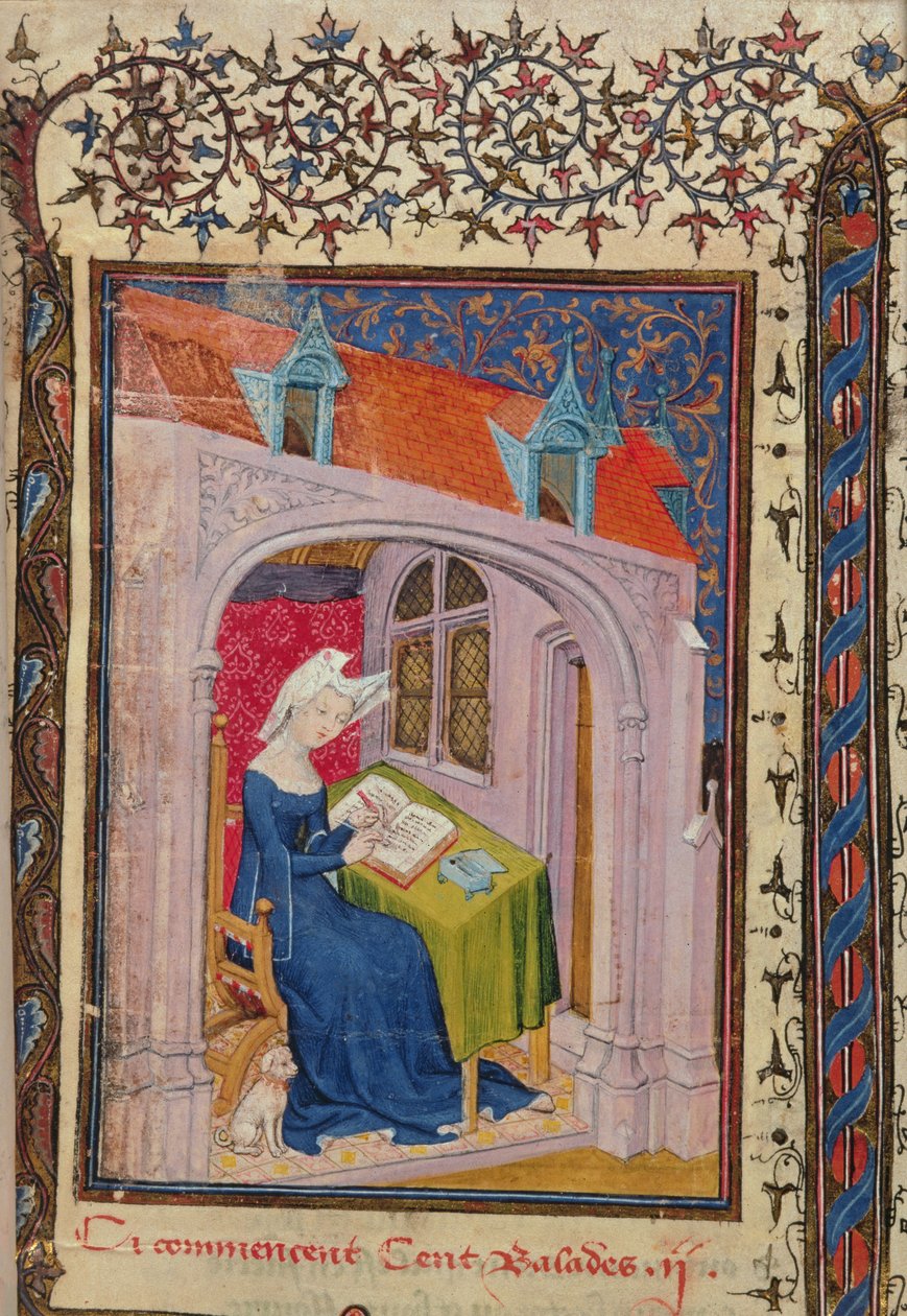 Harl 4431 f.4 Christine de Pisan kirjoittaa pöytänsä ääressä, teoksesta Christine de Pisan, pariisilainen kopio, n. 1410-1415 (vellum) tekijältä French School