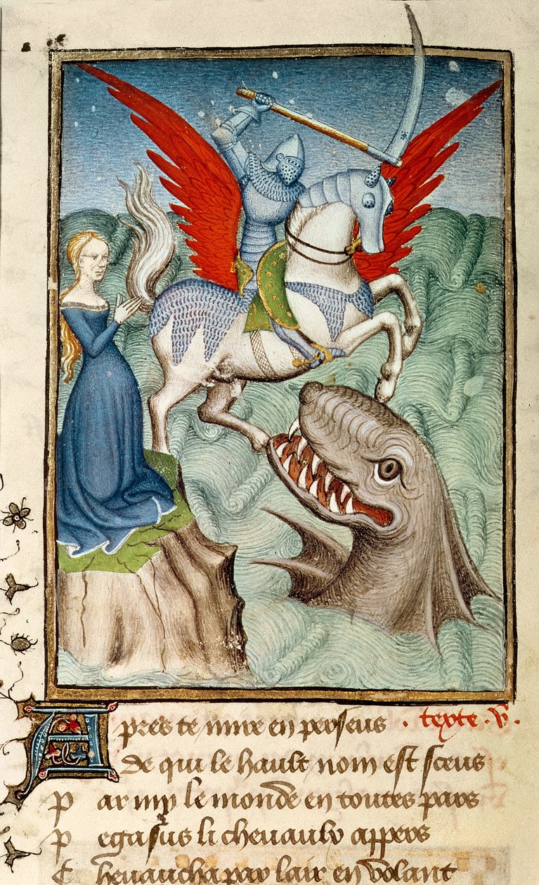 Harl 4431 f. 98v Andromeda, jonka Perseus pelasti hirviöstä Pegasuksella, pariisilainen kopio, n. 1410-11 (vellum) tekijältä French School
