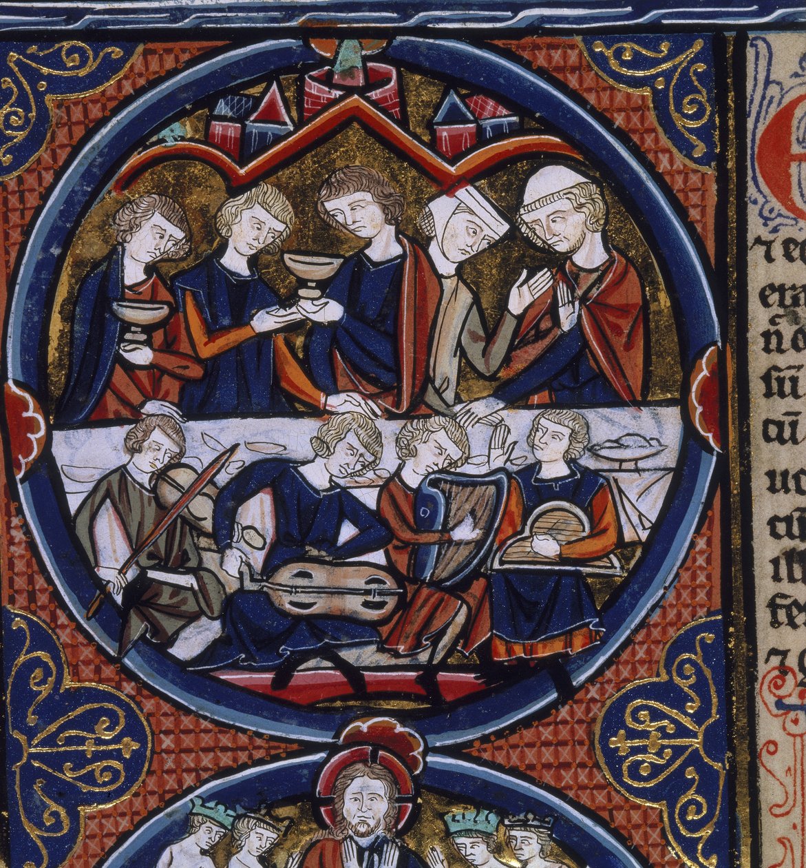 Harley 1527 fol.36v banketti muusikoiden kanssa, 