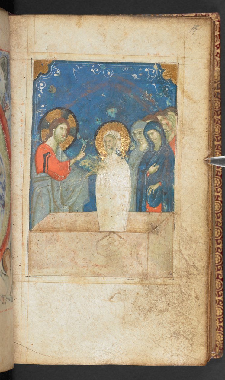 Harley 2928, f.15r, Lasaruksen herättäminen, kohtaus Pyhän Johanneksen evankeliumista (vellum) tekijältä French School