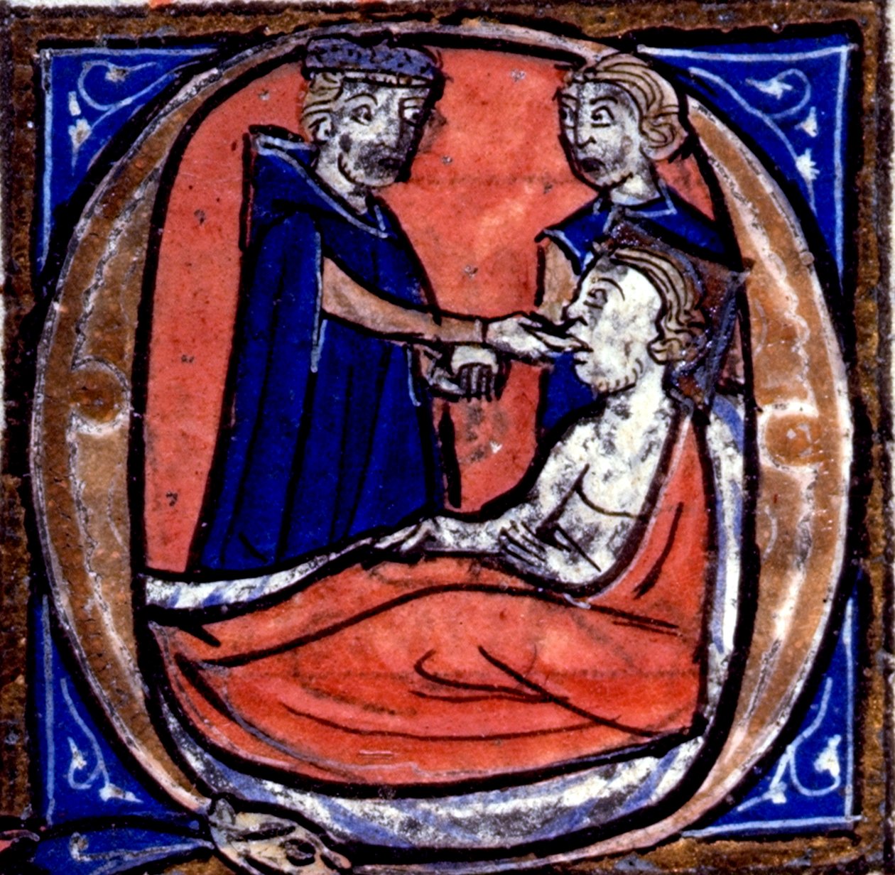 Harley 3140 fol.39 Historioitu alkukirjain "Q", joka kuvaa Hippokratesta (460-377 eKr.) potilaan kanssa, teoksesta "De Regimine Acutorum" (vellum) tekijältä French School