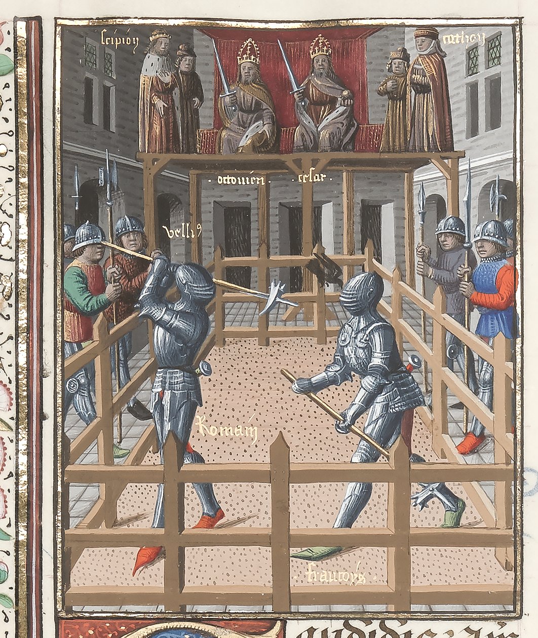 Harley 4375 f.171v, Kaksi ritaria taistelevat pollaksien kanssa, 