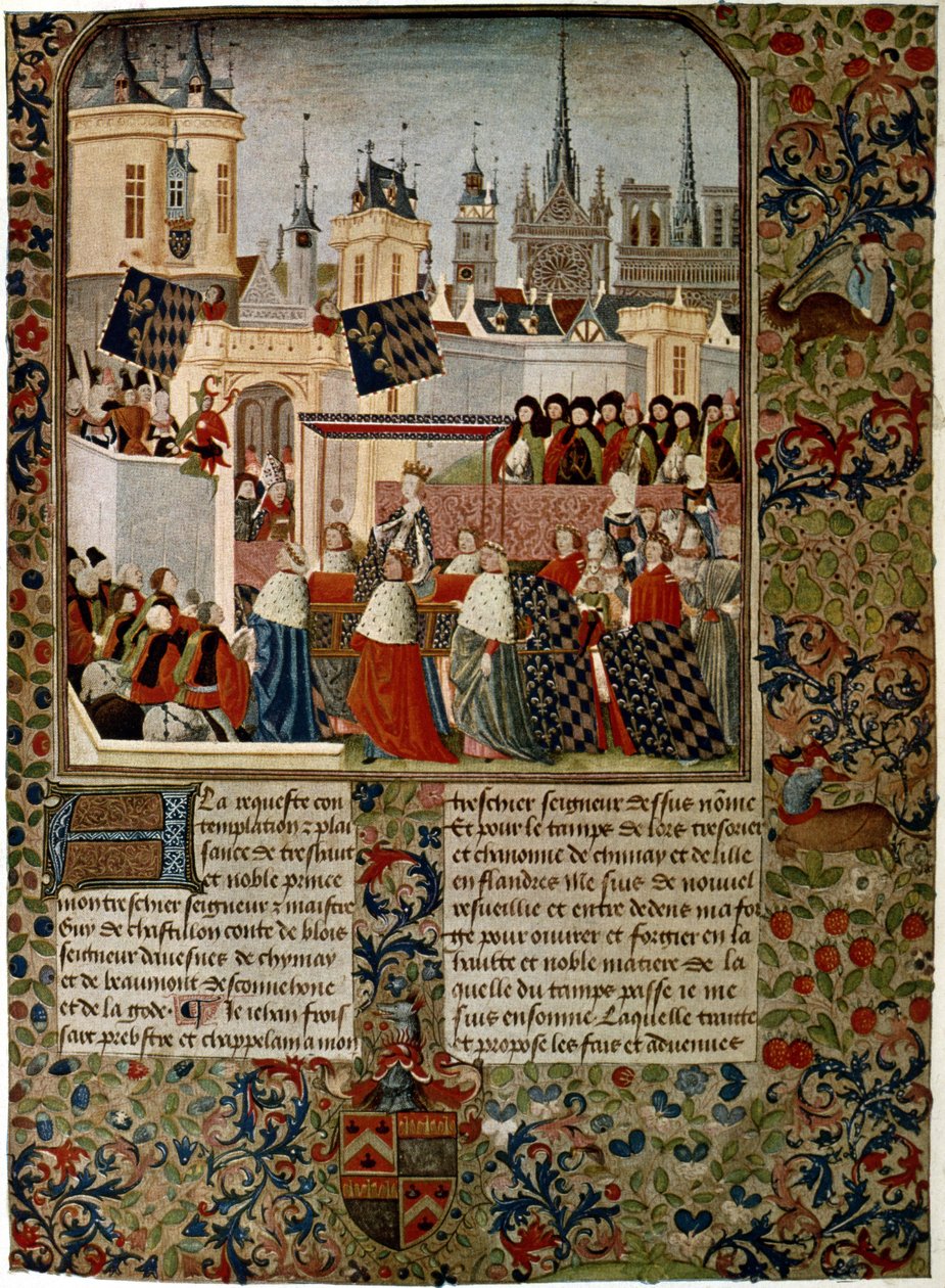 Harley 4379 f.3 Kuningatar Isabellan, Edward II:n (1284-1327) vieraantunut puolison, saapuminen Pariisiin vuonna 1325, jonka Jean Froissart (n. 1333-1404) teloitti historioitsija Philippe de Cominesille (1445-1509) ( silopaperi) tekijältä French School