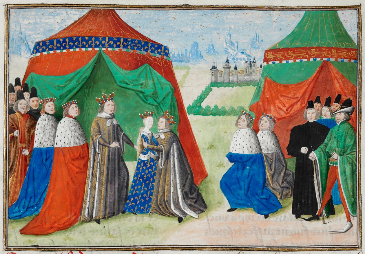 Harley 4380, fol.89 Richard II tapaa lapsimorsiamensa Isabelin Ranskan Froissart Chroniclesista tekijältä French School
