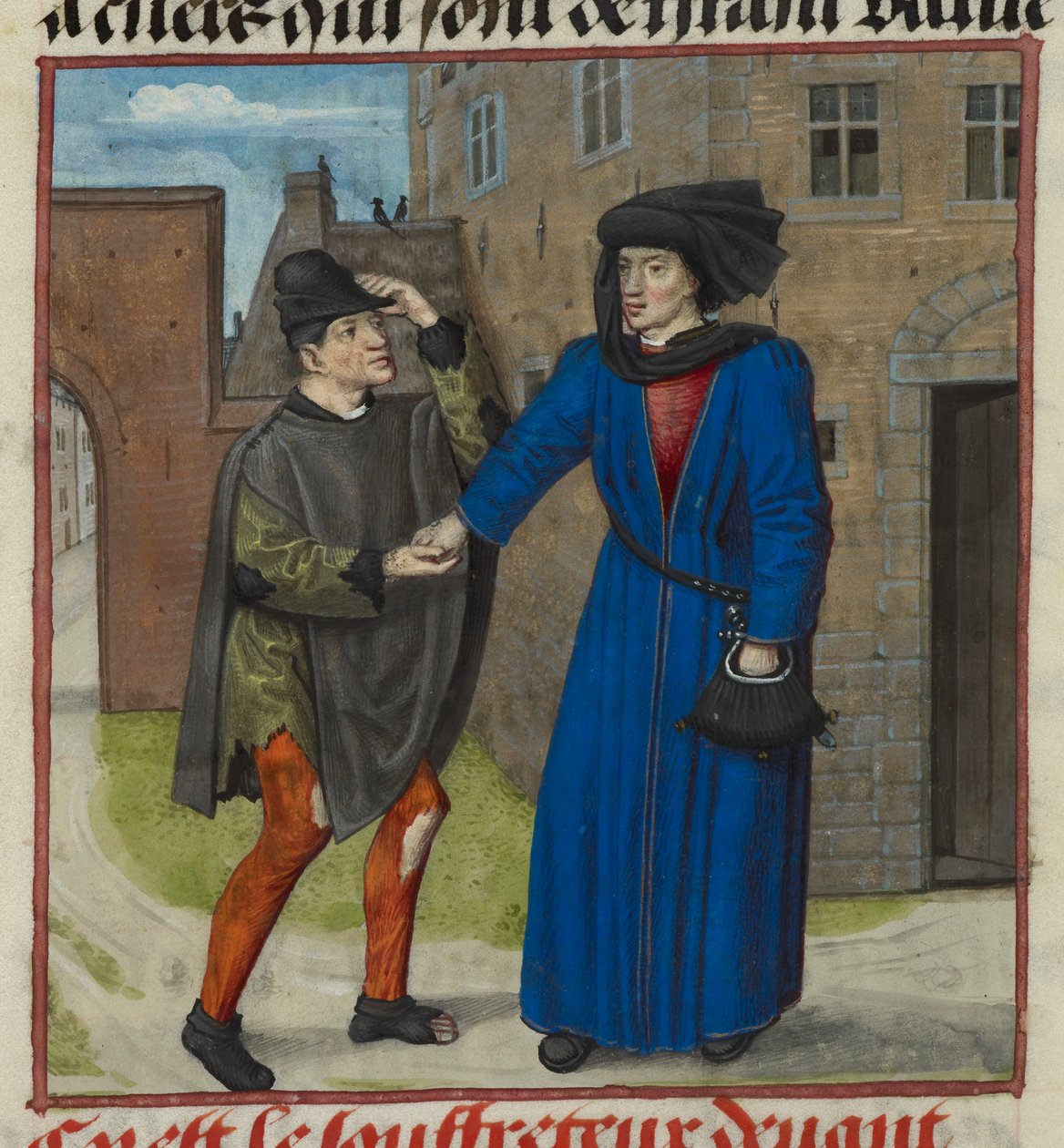 Harley 4425 f.47v Yksityiskohta pienoiskuvasta kärsivälle, jolle hänen todellinen ystävänsä antaa rahaa, Roman de la Rose, n. 1490-1500 (vellum) tekijältä French School