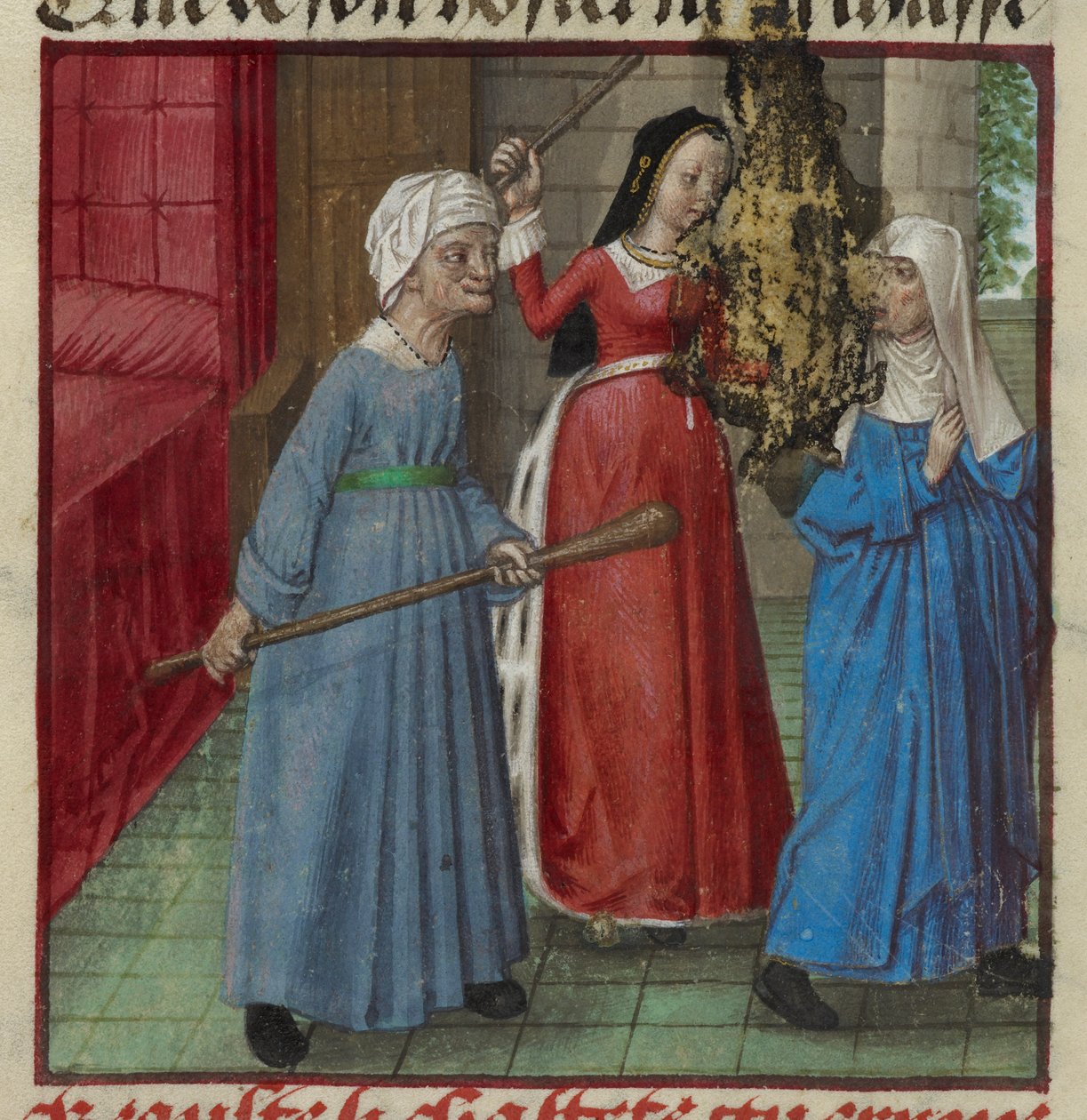 Harley 4425 fol.81v Miniature of Beaute (Beauty) ja Laideur (rumuus) taistelevat Chastete (Chastity) Roman de la Rosesta, n. 1490-1500 (vellum) tekijältä French School