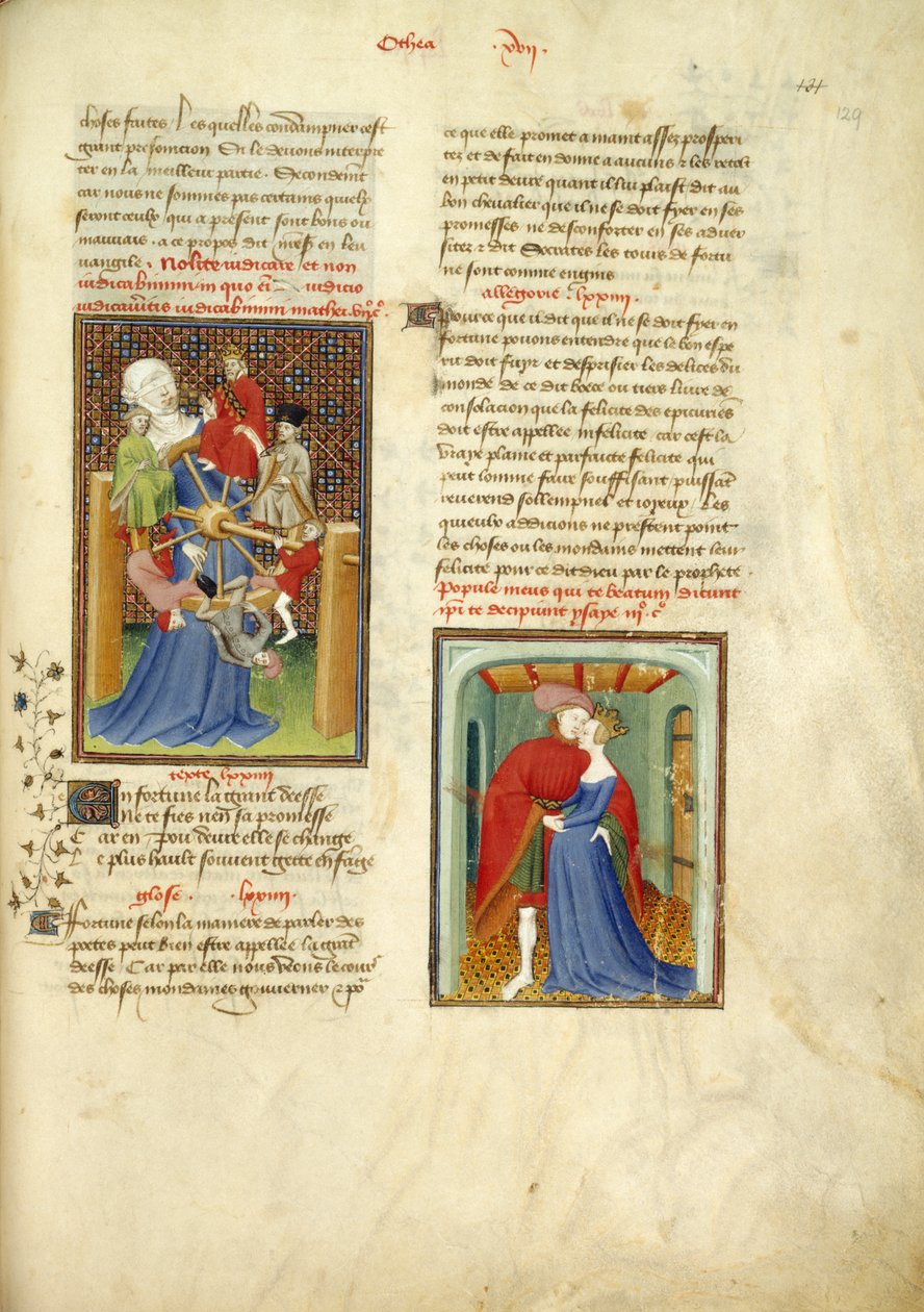Harley 4431, f.129 Onnenpyörä; ja Helenia syleilevä Paris, The Book of the Queen, voi. 1, kirjoittanut Christine de Pizan, n. 1410-1414 (muste, väri ja kulta velumilla) tekijältä French School