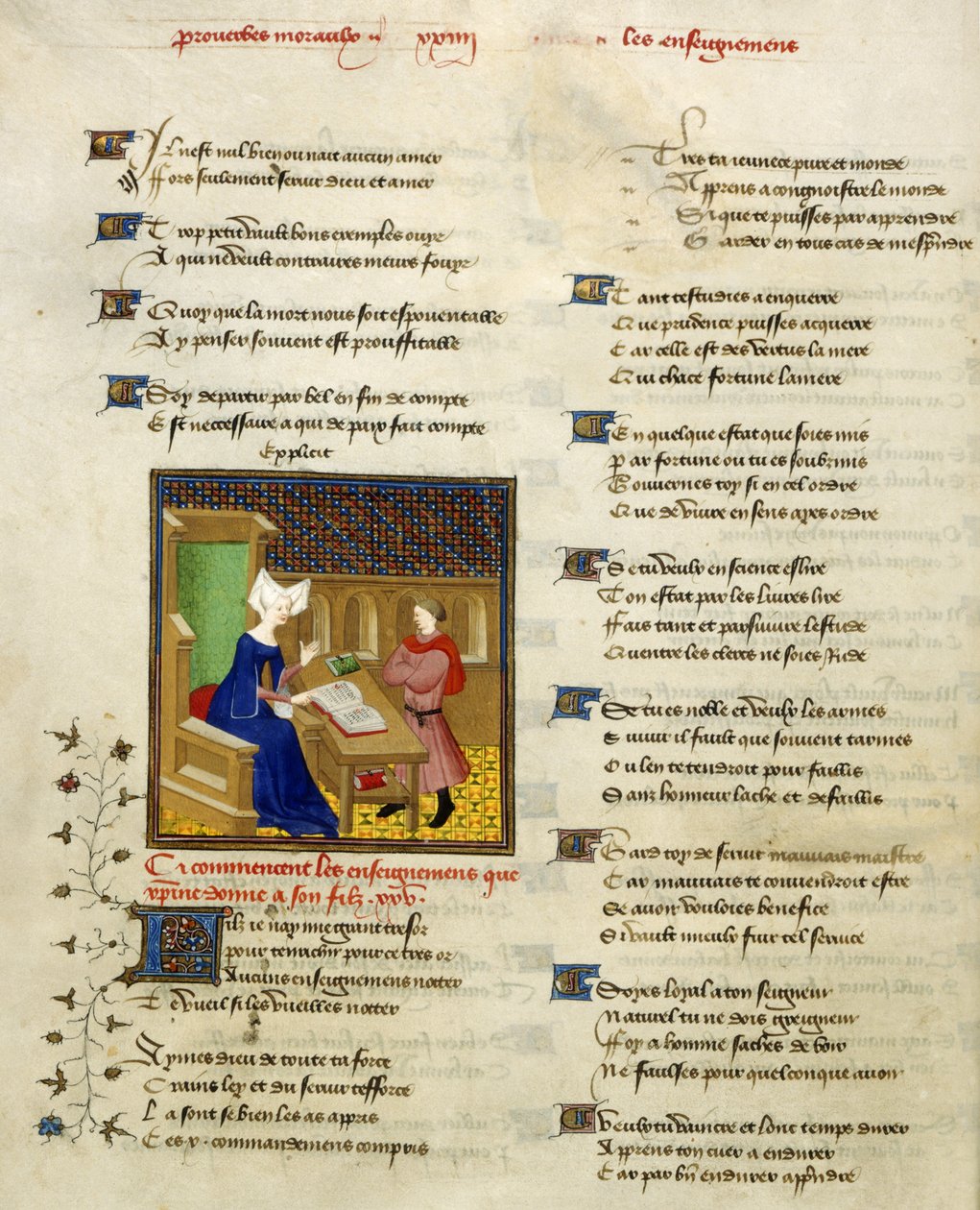 Harley 4431, f.261v Christine de Pisan ja hänen poikansa, kuvitus teoksesta Christine de Pisanin kerätyt työt tekijältä French School