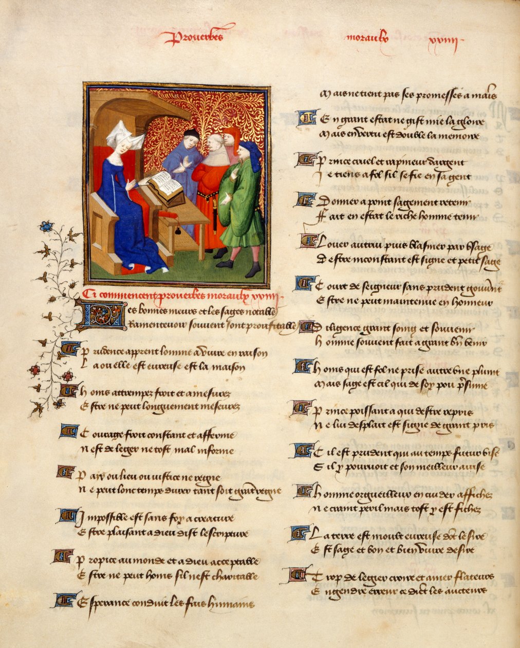 Harley 4431, osa II, f.259v Miniatyyri naisesta lukemassa moraalisia sananlaskuja "Proverbes moraux" -kirjan alussa, "The Book of the Queen", kirjoittaja Christine de Pizan, n. 1410-1414 (muste, väri ja kulta velumilla) tekijältä French School