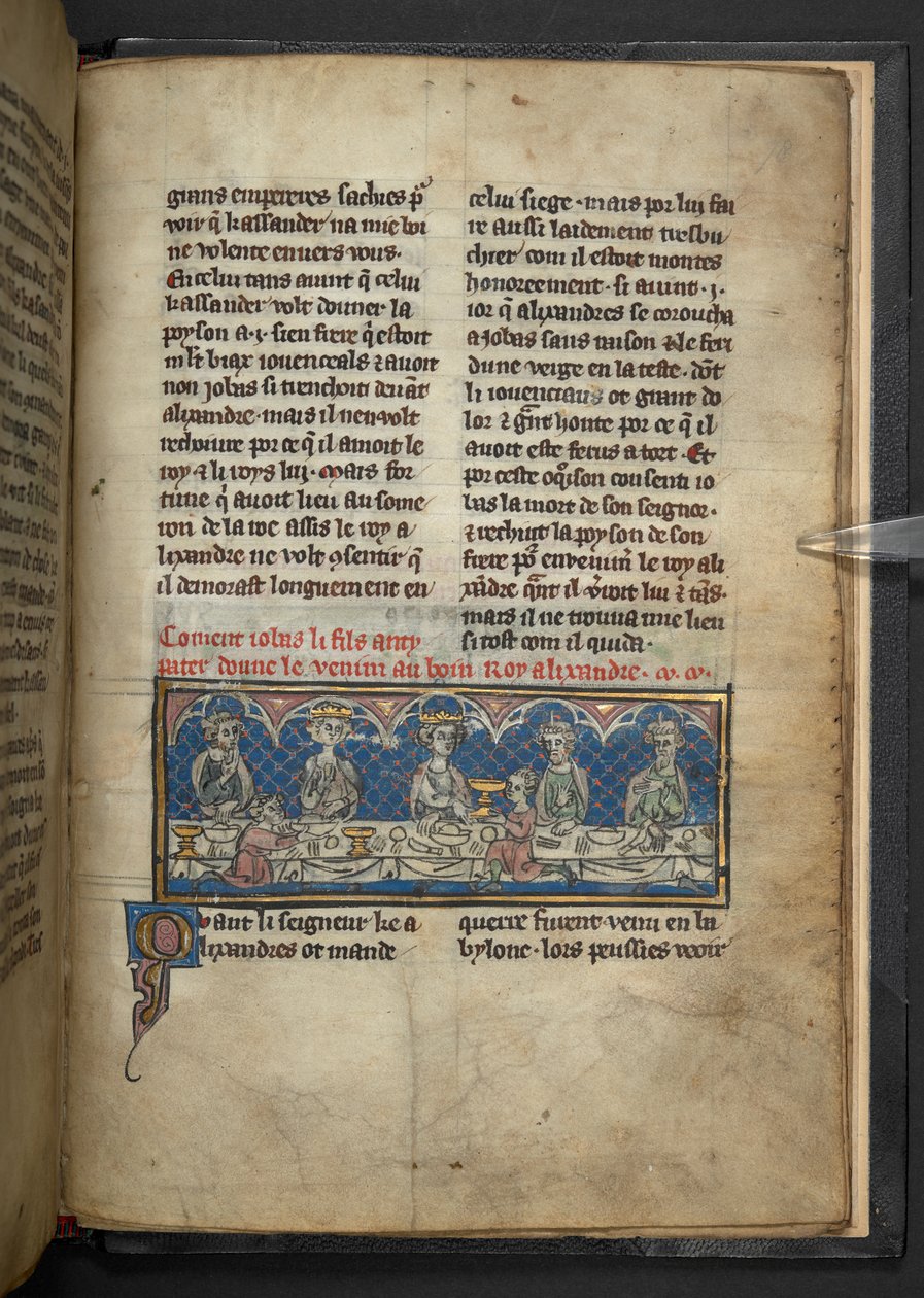 Harley 4979, f.78 Aleksanteri saa myrkkyä Jobaselta juhlan aikana.  , teoksesta "Roman d