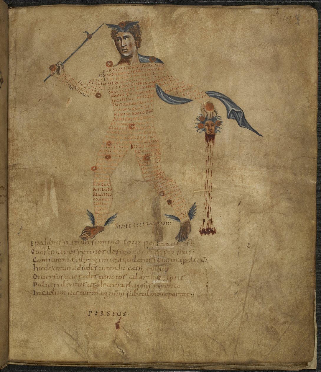 Harley 647, f.4 Kuva Perseuksesta, kreikkalaisen mytologian sankarista, käärmekarvaisen Medusan pään kanssa, tekstillä tai scholialla tähtikuvion sisällä, "Aratus", kirjoittanut Marcus Tullius Cicero (vellum) tekijältä French School