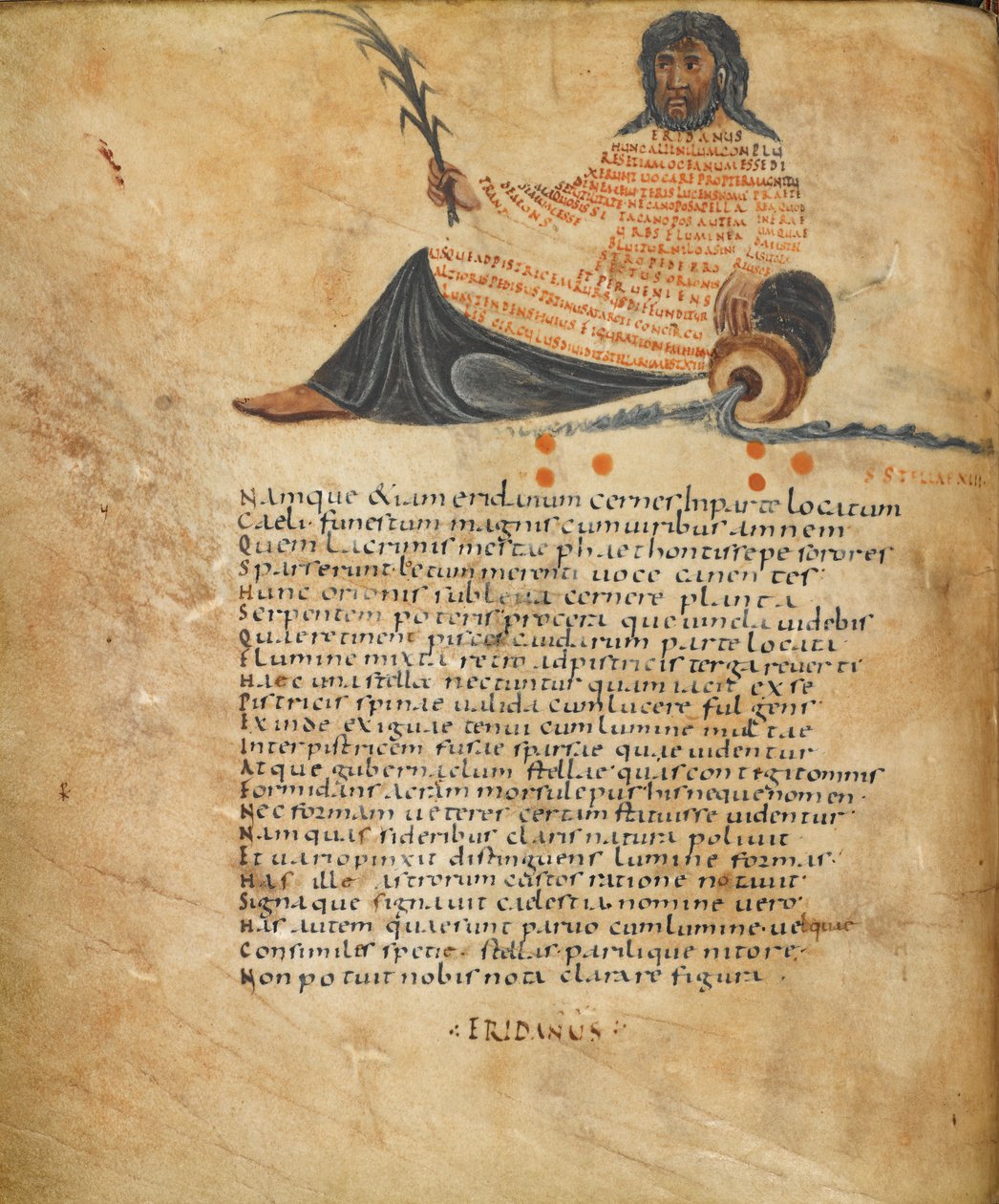 Harley 647, fol.10v Kuva Eridanuksen tähdistöstä ja teksti, n. 820-40 (vellum) tekijältä French School