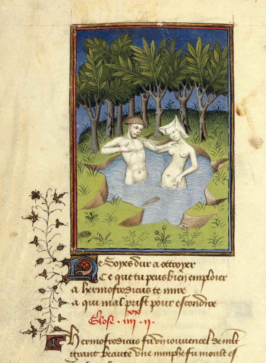 Harley MS 4431, f.132v, Miniatyyri Hermafrodituksesta ja nymfi Salmacisista uimassa järvessä, "L
