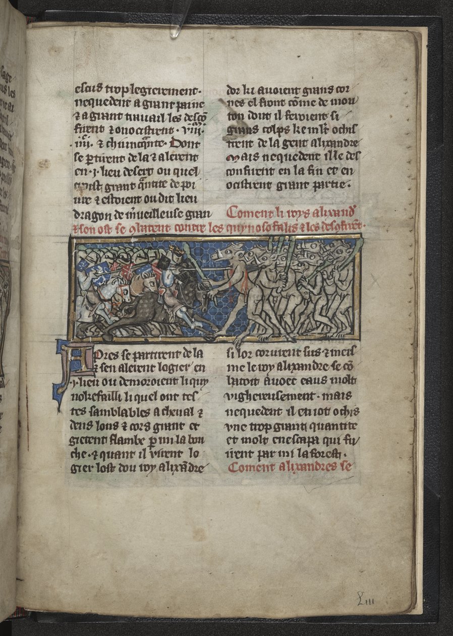 Harley MS 4979 f.72r Alexander taistelee miehiä vastaan, joilla on hevospäät, 